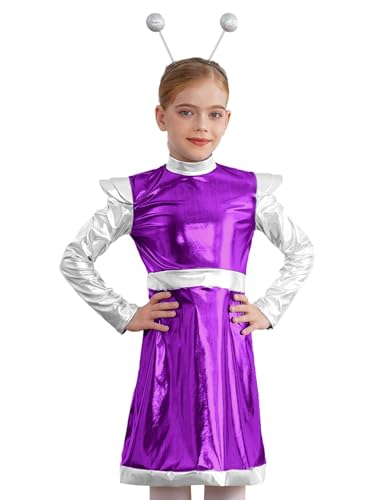 SPSMOKH Alien Outerspace Kleid für Kinder, Mädchen, metallisch, Roboter, A-Linie, Kleid mit Feeler-Stirnband, Lila, 9–10 Jahre SPSMOKH Alien Outerspace Kleid für Kinder, Mädchen, metallisch, Roboter, A-Linie, Kleid mit Feeler-Stirnband, Lila, 9–10 Jahre von SPSMOKH