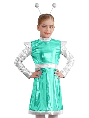 SPSMOKH Alien Outerspace Kleid für Kinder, Mädchen, metallisch, Roboter, A-Linie, Kleid mit Feeler-Stirnband, Mintgrün, 9–10 Jahre SPSMOKH Alien Outerspace Kleid für Kinder, Mädchen, metallisch, Roboter, A-Linie, Kleid mit Feeler-Stirnband, Mintgrün, 9–10 Jahre von SPSMOKH