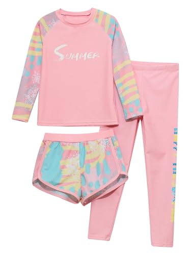 SPSMOKH Badeanzug für Kinder, Mädchen und Jungen, 3-teilig, LSF 50+, athletischer Rashguard-Set, florales Badeoberteil, Shorts mit Leggings, Rosa, 9–10 Jahre von SPSMOKH