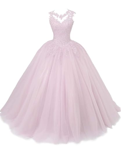 SPSMOKH Ballkleider Lange Spitze Tüll Quinceanera Kleid A-Linie Prinzessin Abschlussball Kleid Mädchen Abend Party Kleider (Rosa, 18) von SPSMOKH