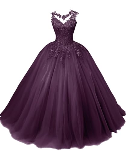 SPSMOKH Ballkleider Lange Spitze Tüll Quinceanera Kleid A-Linie Prinzessin Abschlusskleid Ballkleid Mädchen Abend Party Kleider (Traube, 24) von SPSMOKH