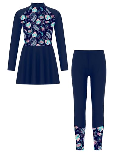 SPSMOKH Bescheidener Badeanzug für Mädchen, Blumenmuster, langärmelig, Badekleid mit Schwimm-Leggings, Hijab Burkini (Marineblau, 5–6 Jahre), 2 Stück von SPSMOKH