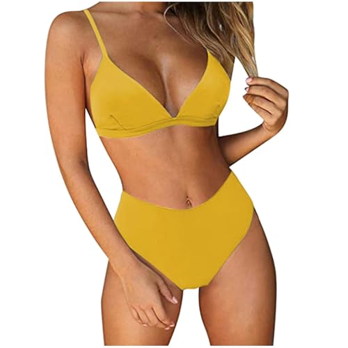 SPSMOKH Bikini-Sets für Damen, hohe Taille, Badeanzüge für Damen, Spaghettiträger, Triangel-Bikini, Badeanzug, zweiteilig, Push-Up, separate Bademode, Bikinihose, Oberteil, BH (Gelb, S) von SPSMOKH