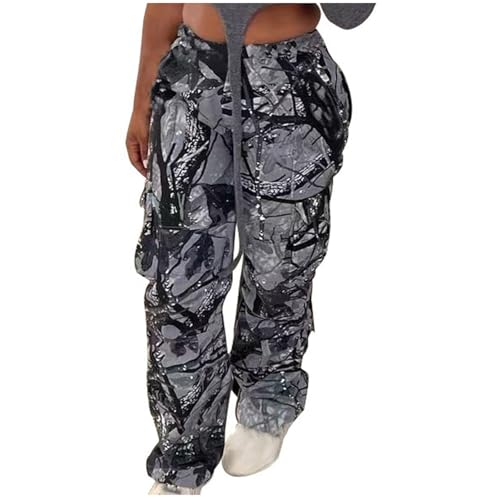 SPSMOKH Damen-Cargohose, Camouflage, gerades langes Bein, Cargo-Jogginghose mit mehreren Taschen, elastischer Bund, Baggy-Sweathose, Y2K, Streetwear, lockere Passform, Vintage-Trainingsanzug (Grau, XL SPSMOKH Damen-Cargohose, Camouflage, gerades langes Bein, Cargo-Jogginghose mit mehreren Taschen, elastischer Bund, Baggy-Sweathose, Y2K, Streetwear, lockere Passform, Vintage-Trainingsanzug (Grau, XL von SPSMOKH