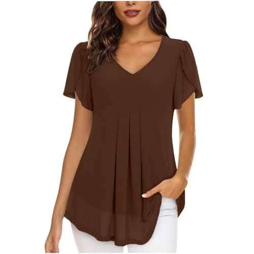 SPSMOKH Damen Chiffon Bluse UK - Elegante V-Ausschnitt Kurzarm Bluse mit Schlitz, Casual Solid Black Tuniken | Plissiertes Longline-Design mit Futter, Vielseitiges Tunika-Oberteil (Braun, S) von SPSMOKH