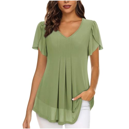 SPSMOKH Damen Chiffon Bluse UK - Elegante V-Ausschnitt Kurzarm Bluse mit Schlitz, lässige einfarbige schwarze Tunika, plissiertes langes Design mit Futter, vielseitiges Tunika-Oberteil (Grün, M) von SPSMOKH