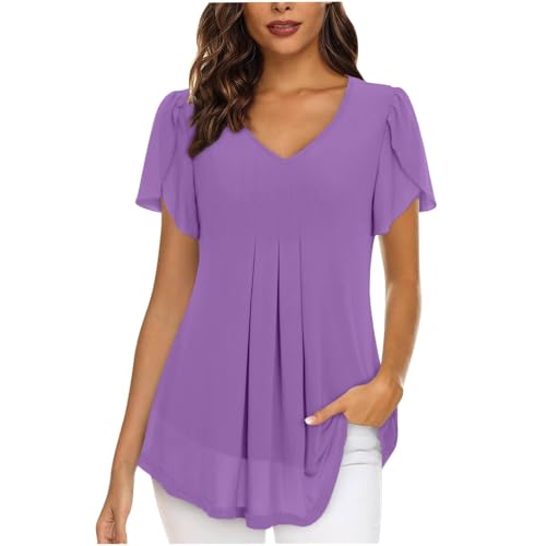 SPSMOKH Damen Chiffon Bluse UK - Elegante V-Ausschnitt Kurzarm Bluse mit Schlitz, lässige einfarbige schwarze Tunika, plissiertes langes Design mit Futter, vielseitiges Tunika-Oberteil (lila, S) von SPSMOKH