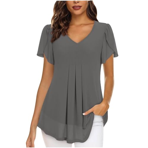 SPSMOKH Damen Chiffonbluse UK - Elegante V-Ausschnitt Kurzarm Bluse mit Schlitz, Lässige einfarbige schwarze Tunika, plissiertes Longline-Design mit Futter, vielseitiges Tunika-Oberteil (Grau, XXL) von SPSMOKH