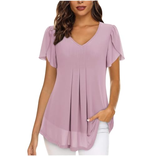 SPSMOKH Damen Chiffonbluse UK - Elegante V-Ausschnitt Kurzarm Bluse mit Schlitz, Lässige einfarbige schwarze Tunika, plissiertes Longline-Design mit Futter, vielseitiges Tunika-Oberteil (Rosa, XXL) von SPSMOKH