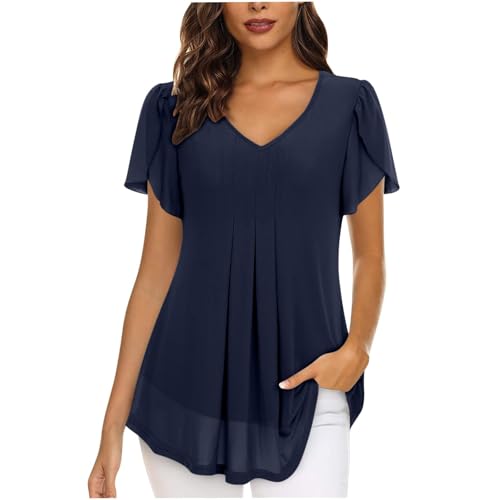 SPSMOKH Damen Chiffonbluse UK - Elegante V-Ausschnitt Kurzarm Bluse mit Schlitz, lässige einfarbige schwarze Tunika, plissiertes Longline-Design mit Futter, vielseitiges Tunika-Oberteil (Marineblau, L SPSMOKH Damen Chiffonbluse UK - Elegante V-Ausschnitt Kurzarm Bluse mit Schlitz, lässige einfarbige schwarze Tunika, plissiertes Longline-Design mit Futter, vielseitiges Tunika-Oberteil (Marineblau, L von SPSMOKH
