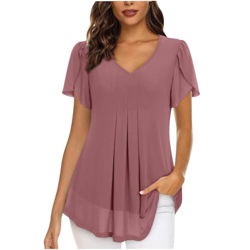 SPSMOKH Damen Chiffonbluse UK - Elegante V-Ausschnitt Kurzarm Bluse mit Schlitz, lässige einfarbige schwarze Tunika, plissiertes langes Design mit Futter, vielseitiges Tunika-Oberteil (Hot Pink, L) von SPSMOKH