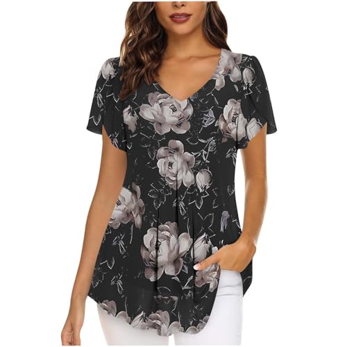 SPSMOKH Damen Chiffonbluse UK - Elegante V-Ausschnitt Kurzarm Bluse mit Schlitz, lässige einfarbige schwarze Tunika, plissiertes langes Design mit Futter, vielseitiges Tunika-Oberteil (TYPE - 2, S) von SPSMOKH