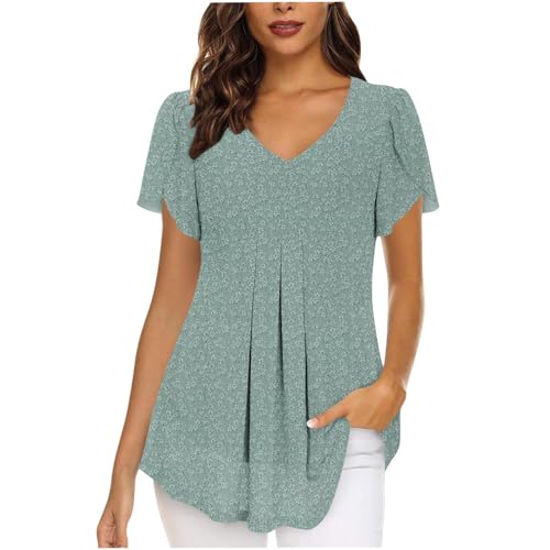 SPSMOKH Damen Chiffonbluse UK – Elegante V-Ausschnitt Kurzarm Bluse mit Schlitz, lässige einfarbige schwarze Tunika, plissiertes langes Design mit Futter, vielseitiges Tunika-Oberteil (TYPE - 3, XL) von SPSMOKH