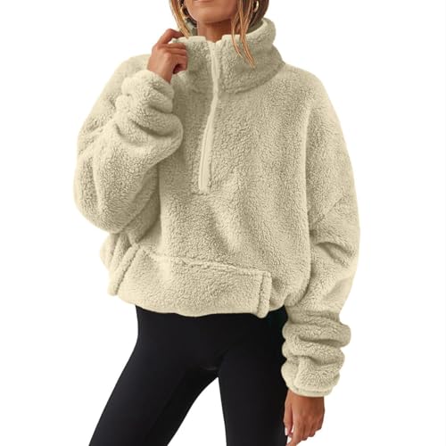 SPSMOKH Damen Halber Reißverschluss Fleece Crop Top - Verdickter Fleecepullover mit Sherpa-Futter, langärmelig, Stehkragen, lässiges, warmes Sweatshirt für Herbst und Winter (01 Beige, L) von SPSMOKH