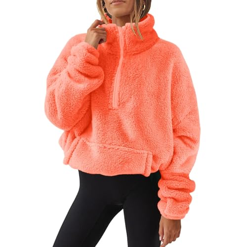 SPSMOKH Damen Halber Reißverschluss Fleece Crop Top - Verdickter Fleecepullover mit Sherpa-Futter, langärmelig, Stehkragen, lässiges, warmes Sweatshirt für Herbst und Winter (03 Orange, XL) von SPSMOKH