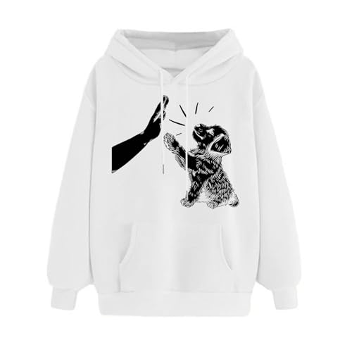 SPSMOKH Damen Kapuzenpullover mit Hunde-Druck, lässiges Sport-Sweatshirt mit großen Taschen, Haustierliebhaber-Oberteil, übergroßer Langarm-Pullover, weich, bequem für den täglichen Gebrauch (Weiß, L) von SPSMOKH