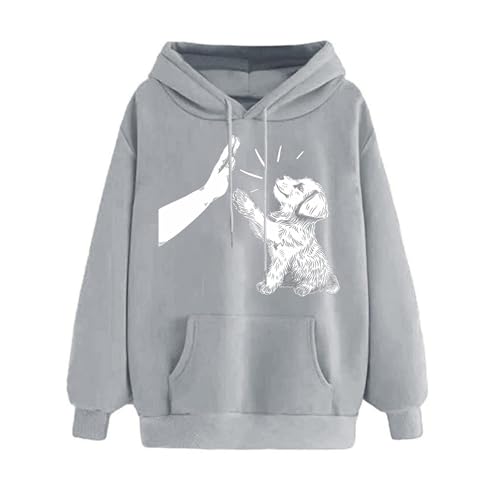 SPSMOKH Damen Kapuzenpullover mit Hundedruck, lässiges Sport-Sweatshirt mit großen Taschen, Haustierliebhaber-Oberteil, übergroßer Langarm-Pullover, weich, bequem für den täglichen Gebrauch (UK) (Grau von SPSMOKH