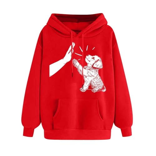 SPSMOKH Damen-Kapuzenpullover mit Hundedruck, lässiges Sport-Sweatshirt mit großen Taschen, Haustierliebhaber-Oberteil, übergroßer Langarm-Pullover, weich, bequem für den täglichen Gebrauch (UK) (Rot von SPSMOKH