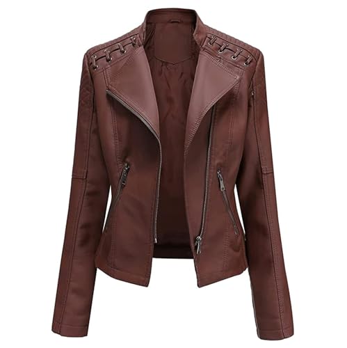 SPSMOKH Damen Kunstlederjacke Reißverschluss Lederjacke Motorradjacke Bikerjacke Übergangsjacke Outdoorjacke Slim Fit Moto Biker Kurzmantel (Braun, XXL) von SPSMOKH
