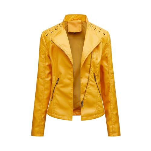 SPSMOKH Damen Kunstlederjacke Reißverschluss Lederjacke Motorradjacke Bikerjacke Übergangsjacke Outdoorjacke Slim Fit Moto Biker Kurzmantel (Gelb, S) von SPSMOKH