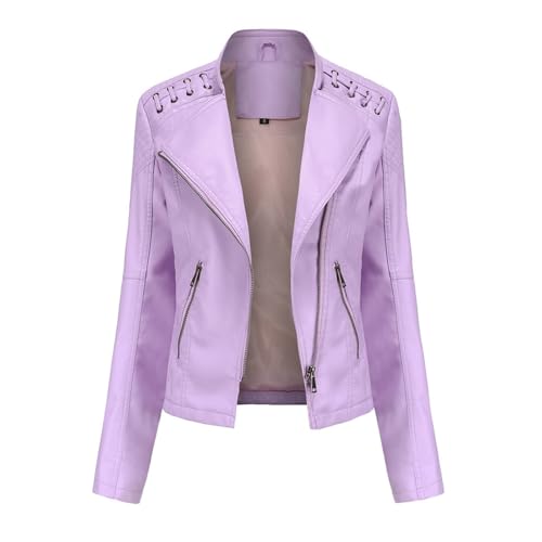 SPSMOKH Damen Kunstlederjacke Reißverschluss Lederjacke Motorradjacke Bikerjacke Übergangsjacke Outdoorjacke Slim Fit Moto Biker Kurzmantel (Lila 1, XXL) von SPSMOKH