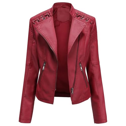 SPSMOKH Damen Kunstlederjacke Reißverschluss Lederjacke Motorradjacke Bikerjacke Übergangsjacke Outdoorjacke Slim Fit Moto Biker Kurzmantel (Rot, XL) von SPSMOKH