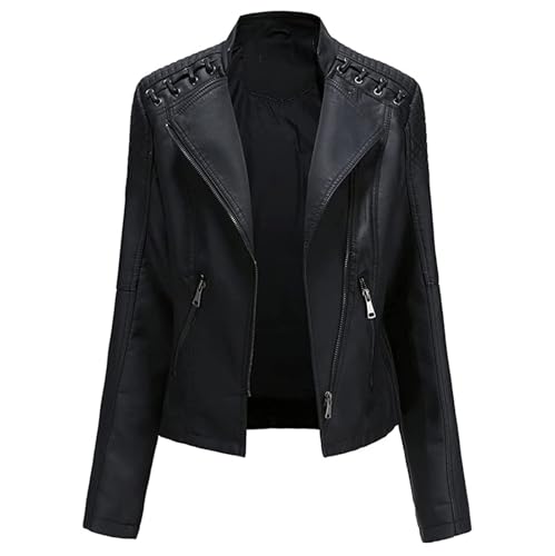 SPSMOKH Damen Kunstlederjacke Reißverschluss Lederjacke Motorradjacke Bikerjacke Übergangsjacke Outdoorjacke Slim Fit Moto Biker Kurzmantel (Schwarz, M) von SPSMOKH