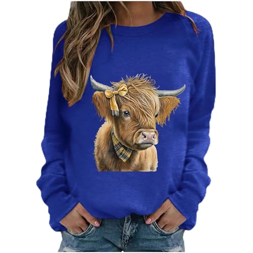 SPSMOKH Damen-Langarm-Top, Hochlandkuh, Rundhalsausschnitt, Kawaii-Kuh-Buchstaben-Druck, lässiger Pullover, langärmelig, Teenager, Mädchen, Basic-Sweatshirt, Schule, Junioren für Damen (Blau, XL) von SPSMOKH