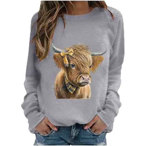 SPSMOKH Damen-Langarm-Top, Hochlandkuh, Rundhalsausschnitt, Kawaii-Kuh-Buchstaben-Druck, lässiger Pullover, langärmelig, Teenager, Mädchen, Basic-Sweatshirt, Schule, Junioren für Damen (Grau, S) von SPSMOKH