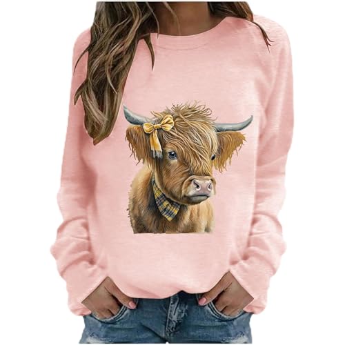 SPSMOKH Damen-Langarm-Top, Hochlandkuh, Rundhalsausschnitt, Kawaii-Kuh-Buchstaben-Druck, lässiger Pullover, langärmelig, Teenager, Mädchen, Basic-Sweatshirt, Schule, Junioren für Damen (Rosa, M) von SPSMOKH