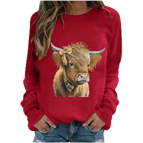 SPSMOKH Damen-Langarm-Top, Hochlandkuh, Rundhalsausschnitt, Kawaii-Kuh-Buchstaben-Druck, lässiger Pullover, langärmelig, Teenager, Mädchen, Basic-Sweatshirt, Schule, Junioren für Damen (Rot, XXL) von SPSMOKH