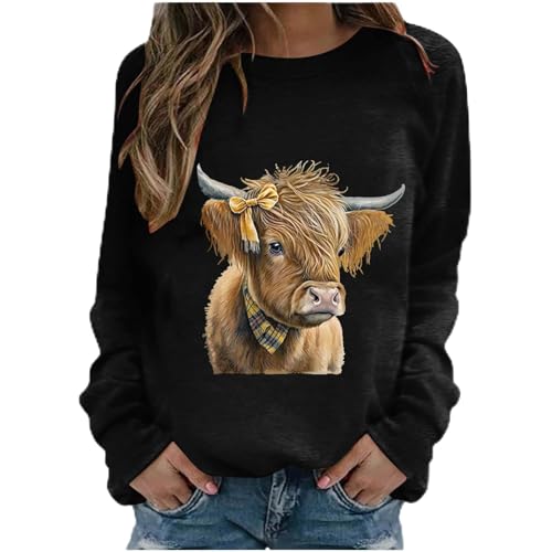 SPSMOKH Damen-Langarm-Top, Hochlandkuh, Rundhalsausschnitt, Kawaii-Kuh-Buchstaben-Druck, lässiger Pullover, langärmelig, Teenager, Mädchen, Basic-Sweatshirt, Schule, Junioren für Damen (Schwarz, S) SPSMOKH Damen-Langarm-Top, Hochlandkuh, Rundhalsausschnitt, Kawaii-Kuh-Buchstaben-Druck, lässiger Pullover, langärmelig, Teenager, Mädchen, Basic-Sweatshirt, Schule, Junioren für Damen (Schwarz, S) von SPSMOKH