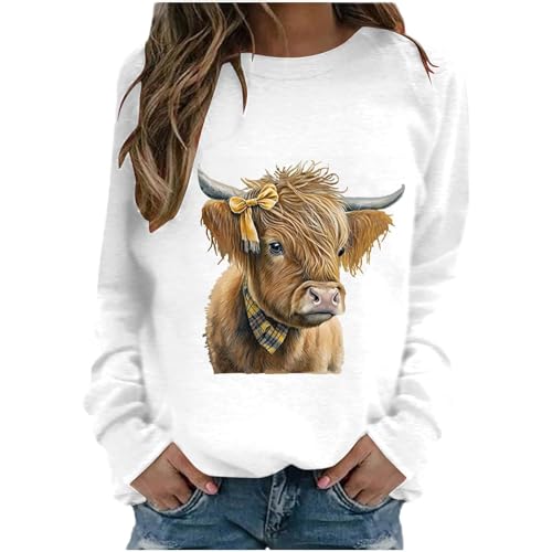 SPSMOKH Damen-Langarm-Top, Hochlandkuh, Rundhalsausschnitt, Kawaii-Kuh-Buchstaben-Druck, lässiger Pullover, langärmelig, Teenager, Mädchen, Basic-Sweatshirt, Schule, Junioren für Damen (Weiß, L) von SPSMOKH