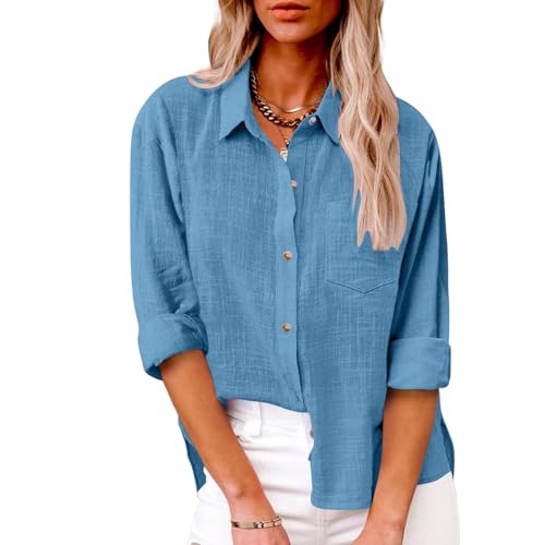 SPSMOKH Damen-Langarmbluse aus Baumwollleinen, Button-Down-Hemd für Business, Büro, Arbeit, lässig, Tunika, Tops, übergroß, einfarbig, lockere Passform, elegante T-Shirts in Übergröße (04 Blau, 5XL) SPSMOKH Damen-Langarmbluse aus Baumwollleinen, Button-Down-Hemd für Business, Büro, Arbeit, lässig, Tunika, Tops, übergroß, einfarbig, lockere Passform, elegante T-Shirts in Übergröße (04 Blau, 5XL) von SPSMOKH