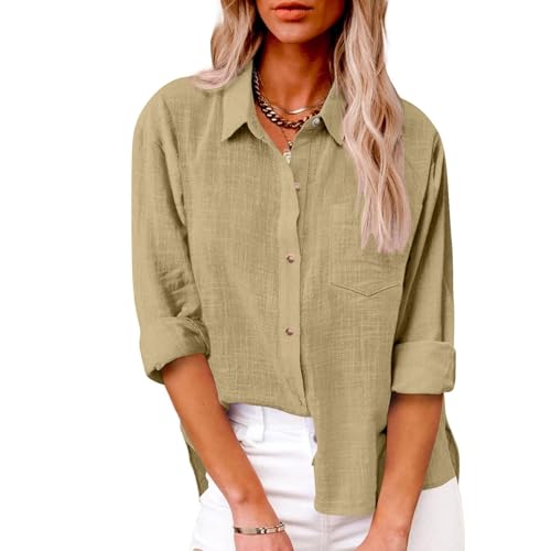 SPSMOKH Damen-Langarmbluse aus Baumwollleinen, Button-Down-Hemd für Business, Büro, Arbeit, lässig, Tunika, Tops, übergroß, einfarbig, lockere Passform, elegante T-Shirts in Übergröße (04 Khaki, 4XL) SPSMOKH Damen-Langarmbluse aus Baumwollleinen, Button-Down-Hemd für Business, Büro, Arbeit, lässig, Tunika, Tops, übergroß, einfarbig, lockere Passform, elegante T-Shirts in Übergröße (04 Khaki, 4XL) von SPSMOKH
