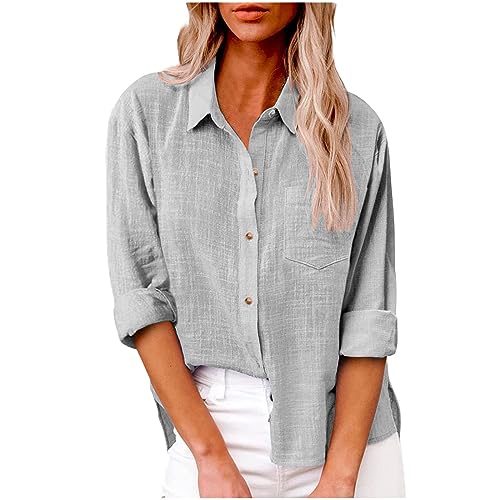 SPSMOKH Damen-Langarmbluse aus Baumwollleinen, Button-Down-Shirt, für Büro, Arbeit, lässig, Tunika, Tops, übergroß, einfarbig, lockere Passform, elegante T-Shirts in Übergröße (02 Grau, XL) von SPSMOKH