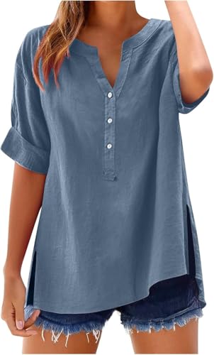 SPSMOKH Damen-Oberteil, Baumwoll-Leinen-Hemd, Sommer, V-Ausschnitt, Knopfleiste, kurzärmelig, Damenbluse, T-Shirts, einfarbig, Arbeit, lässig, übergroß, lockere Blusen, Alltag, Damenoberteil SPSMOKH Damen-Oberteil, Baumwoll-Leinen-Hemd, Sommer, V-Ausschnitt, Knopfleiste, kurzärmelig, Damenbluse, T-Shirts, einfarbig, Arbeit, lässig, übergroß, lockere Blusen, Alltag, Damenoberteil von SPSMOKH