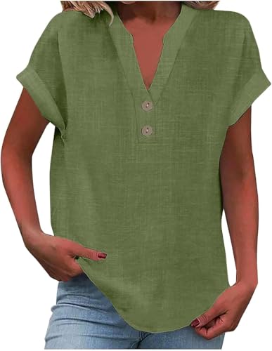 SPSMOKH Damen-Oberteil, Baumwoll-Leinenhemd, Sommer, V-Ausschnitt, Knopfleiste, kurzärmelig, Damenbluse, T-Shirts, einfarbig, Arbeit, lässig, übergroß, lockere Blusen, Alltag, Damen, Top, Stoff SPSMOKH Damen-Oberteil, Baumwoll-Leinenhemd, Sommer, V-Ausschnitt, Knopfleiste, kurzärmelig, Damenbluse, T-Shirts, einfarbig, Arbeit, lässig, übergroß, lockere Blusen, Alltag, Damen, Top, Stoff von SPSMOKH