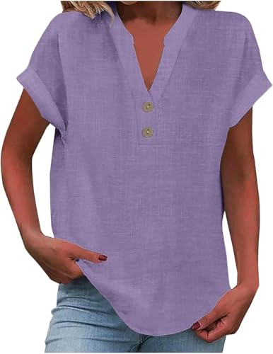 SPSMOKH Damen-Oberteil, Baumwoll-Leinenhemd, Sommer, V-Ausschnitt, Knopfleiste, kurzärmelig, Damenbluse, T-Shirts, einfarbig, Arbeit, lässig, übergroß, lockere Blusen, Alltag, Damenoberteil, Stoff SPSMOKH Damen-Oberteil, Baumwoll-Leinenhemd, Sommer, V-Ausschnitt, Knopfleiste, kurzärmelig, Damenbluse, T-Shirts, einfarbig, Arbeit, lässig, übergroß, lockere Blusen, Alltag, Damenoberteil, Stoff von SPSMOKH