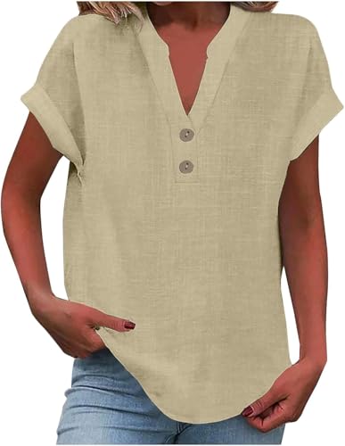 SPSMOKH Damen-Oberteil, Baumwoll-Leinenhemd, Sommer, V-Ausschnitt, Knopfleiste, kurzärmelig, Damenbluse, T-Shirts, einfarbig, Arbeit, lässig, übergroß, lockere Blusen, Alltag, Damenoberteil, Stoff SPSMOKH Damen-Oberteil, Baumwoll-Leinenhemd, Sommer, V-Ausschnitt, Knopfleiste, kurzärmelig, Damenbluse, T-Shirts, einfarbig, Arbeit, lässig, übergroß, lockere Blusen, Alltag, Damenoberteil, Stoff von SPSMOKH