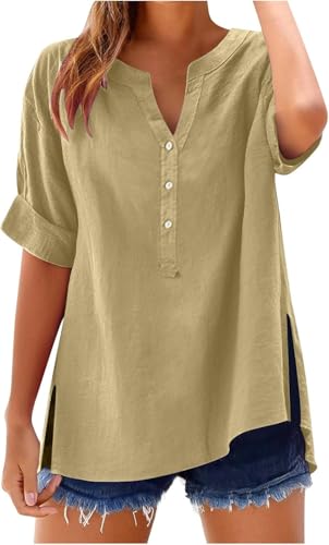 SPSMOKH Damen-Oberteil, Baumwoll-Leinenhemd, Sommer, V-Ausschnitt, Knopfleiste, kurzärmelig, Damenbluse, T-Shirts, einfarbig, Arbeit, lässig, übergroß, lockere Blusen, Alltag, Damenoberteil SPSMOKH Damen-Oberteil, Baumwoll-Leinenhemd, Sommer, V-Ausschnitt, Knopfleiste, kurzärmelig, Damenbluse, T-Shirts, einfarbig, Arbeit, lässig, übergroß, lockere Blusen, Alltag, Damenoberteil von SPSMOKH