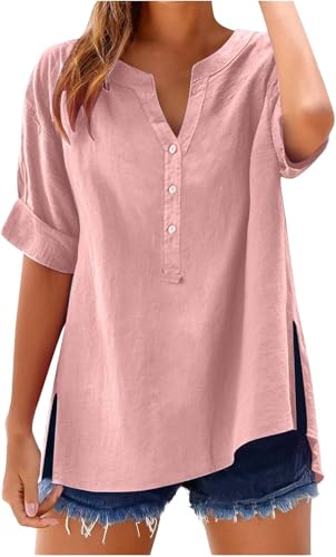 SPSMOKH Damen-Oberteil, Baumwoll-Leinenhemd, Sommer, V-Ausschnitt, Knopfleiste, kurzärmelig, Damenbluse, T-Shirts, einfarbig, Arbeit, lässig, übergroß, lockere Blusen, Alltag, Damenoberteil SPSMOKH Damen-Oberteil, Baumwoll-Leinenhemd, Sommer, V-Ausschnitt, Knopfleiste, kurzärmelig, Damenbluse, T-Shirts, einfarbig, Arbeit, lässig, übergroß, lockere Blusen, Alltag, Damenoberteil von SPSMOKH