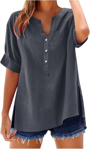 SPSMOKH Damen-Oberteil, Baumwoll-Leinenhemd, Sommer, V-Ausschnitt, Knopfleiste, kurzärmelig, Damenbluse, T-Shirts, einfarbig, Arbeit, lässig, übergroß, lockere Blusen, Alltag, Damenoberteil SPSMOKH Damen-Oberteil, Baumwoll-Leinenhemd, Sommer, V-Ausschnitt, Knopfleiste, kurzärmelig, Damenbluse, T-Shirts, einfarbig, Arbeit, lässig, übergroß, lockere Blusen, Alltag, Damenoberteil von SPSMOKH