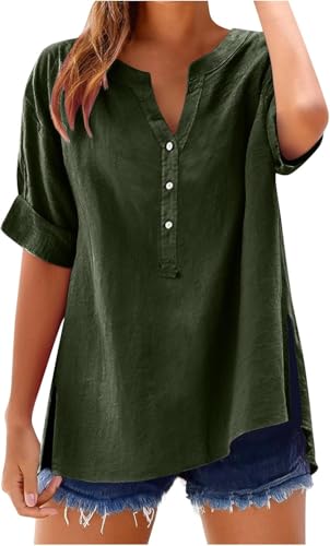 SPSMOKH Damen-Oberteil, Baumwoll-Leinenhemd, Sommer, V-Ausschnitt, Knopfleiste, kurzärmelig, Damenbluse, T-Shirts, einfarbig, Arbeit, lässig, übergroß, lockere Blusen, Alltag, Damenoberteil SPSMOKH Damen-Oberteil, Baumwoll-Leinenhemd, Sommer, V-Ausschnitt, Knopfleiste, kurzärmelig, Damenbluse, T-Shirts, einfarbig, Arbeit, lässig, übergroß, lockere Blusen, Alltag, Damenoberteil von SPSMOKH