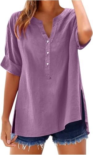 SPSMOKH Damen-Oberteil, Baumwoll-Leinenhemd, Sommer, V-Ausschnitt, Knopfleiste, kurzärmelig, Damenbluse, T-Shirts, einfarbig, Arbeit, lässig, übergroß, lockere Blusen, Alltag, Damenoberteil SPSMOKH Damen-Oberteil, Baumwoll-Leinenhemd, Sommer, V-Ausschnitt, Knopfleiste, kurzärmelig, Damenbluse, T-Shirts, einfarbig, Arbeit, lässig, übergroß, lockere Blusen, Alltag, Damenoberteil von SPSMOKH