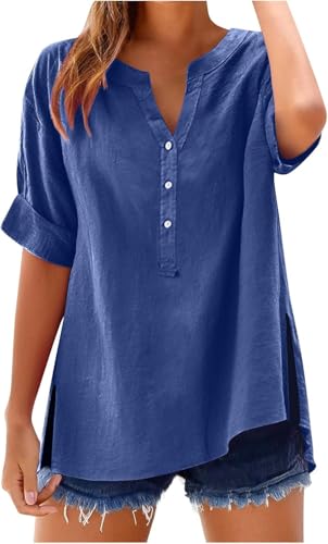 SPSMOKH Damen-Oberteil, Baumwoll-Leinenhemd, Sommer, V-Ausschnitt, Knopfleiste, kurzärmelig, Damenbluse, T-Shirts, einfarbig, Arbeit, lässig, übergroß, lockere Blusen, Alltag, Damenoberteil SPSMOKH Damen-Oberteil, Baumwoll-Leinenhemd, Sommer, V-Ausschnitt, Knopfleiste, kurzärmelig, Damenbluse, T-Shirts, einfarbig, Arbeit, lässig, übergroß, lockere Blusen, Alltag, Damenoberteil von SPSMOKH