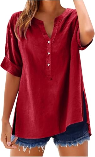 SPSMOKH Damen-Oberteil, Baumwoll-Leinenhemd, Sommer, V-Ausschnitt, Knopfleiste, kurzärmelig, Damenbluse, T-Shirts, einfarbig, Arbeit, lässig, übergroß, lockere Blusen, Alltag, Damenoberteil SPSMOKH Damen-Oberteil, Baumwoll-Leinenhemd, Sommer, V-Ausschnitt, Knopfleiste, kurzärmelig, Damenbluse, T-Shirts, einfarbig, Arbeit, lässig, übergroß, lockere Blusen, Alltag, Damenoberteil von SPSMOKH