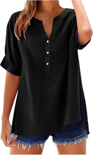 SPSMOKH Damen-Oberteil, Baumwoll-Leinenhemd, Sommer, V-Ausschnitt, Knopfleiste, kurzärmelig, Damenbluse, T-Shirts, einfarbig, Arbeit, lässig, übergroß, lockere Blusen, Alltag, Damenoberteil SPSMOKH Damen-Oberteil, Baumwoll-Leinenhemd, Sommer, V-Ausschnitt, Knopfleiste, kurzärmelig, Damenbluse, T-Shirts, einfarbig, Arbeit, lässig, übergroß, lockere Blusen, Alltag, Damenoberteil von SPSMOKH