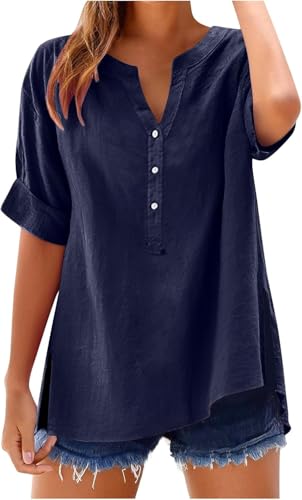 SPSMOKH Damen-Oberteil, Baumwoll-Leinenhemd, Sommer, V-Ausschnitt, Knopfleiste, kurzärmelig, Damenbluse, T-Shirts, einfarbig, Arbeit, lässig, übergroß, lockere Blusen, Alltag, Damenoberteil SPSMOKH Damen-Oberteil, Baumwoll-Leinenhemd, Sommer, V-Ausschnitt, Knopfleiste, kurzärmelig, Damenbluse, T-Shirts, einfarbig, Arbeit, lässig, übergroß, lockere Blusen, Alltag, Damenoberteil von SPSMOKH