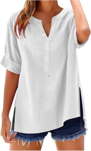 SPSMOKH Damen-Oberteil, Baumwoll-Leinenhemd, Sommer, V-Ausschnitt, Knopfleiste, kurzärmelig, Damenbluse, T-Shirts, einfarbig, Arbeit, lässig, übergroß, lockere Blusen, Alltag, Damenoberteil SPSMOKH Damen-Oberteil, Baumwoll-Leinenhemd, Sommer, V-Ausschnitt, Knopfleiste, kurzärmelig, Damenbluse, T-Shirts, einfarbig, Arbeit, lässig, übergroß, lockere Blusen, Alltag, Damenoberteil von SPSMOKH